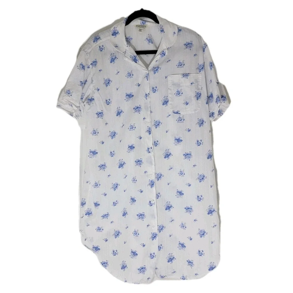 Bonsoir 100% Cotton Nightshirt Short Sleeve White Blue‎ Floral Button Front Sz L